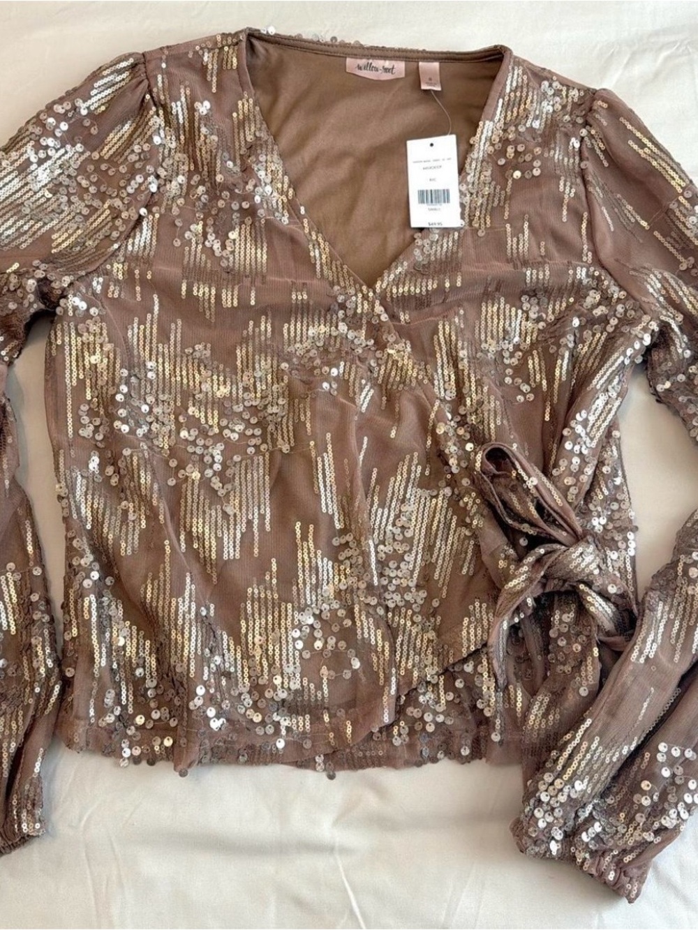 Willow and Root Sequin Tie-Waist Wrap Blouse — Taupe